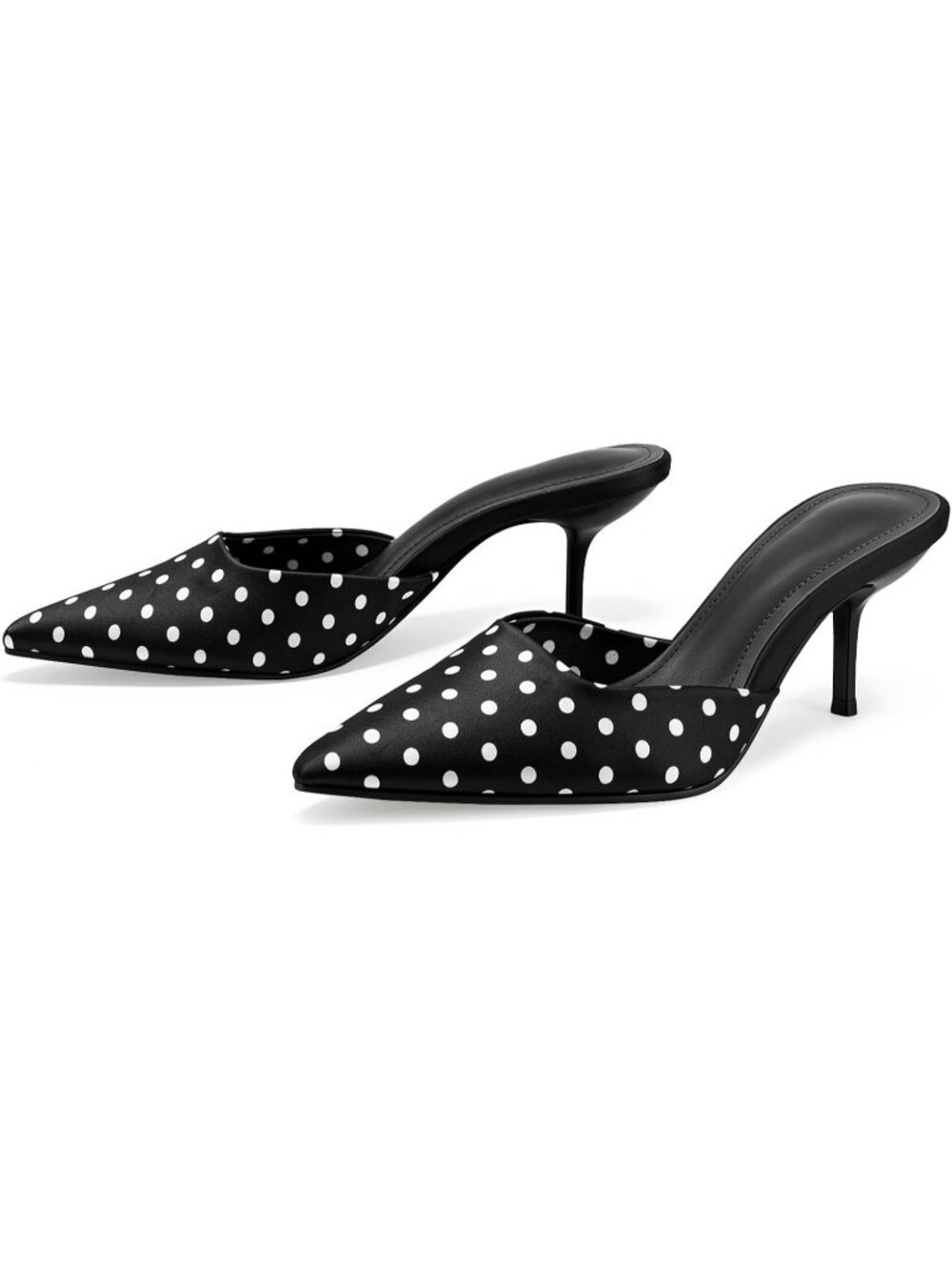 Women's Black Polka Dot Pointed Toe Stiletto Satin Heeled Mules Backless Pumps